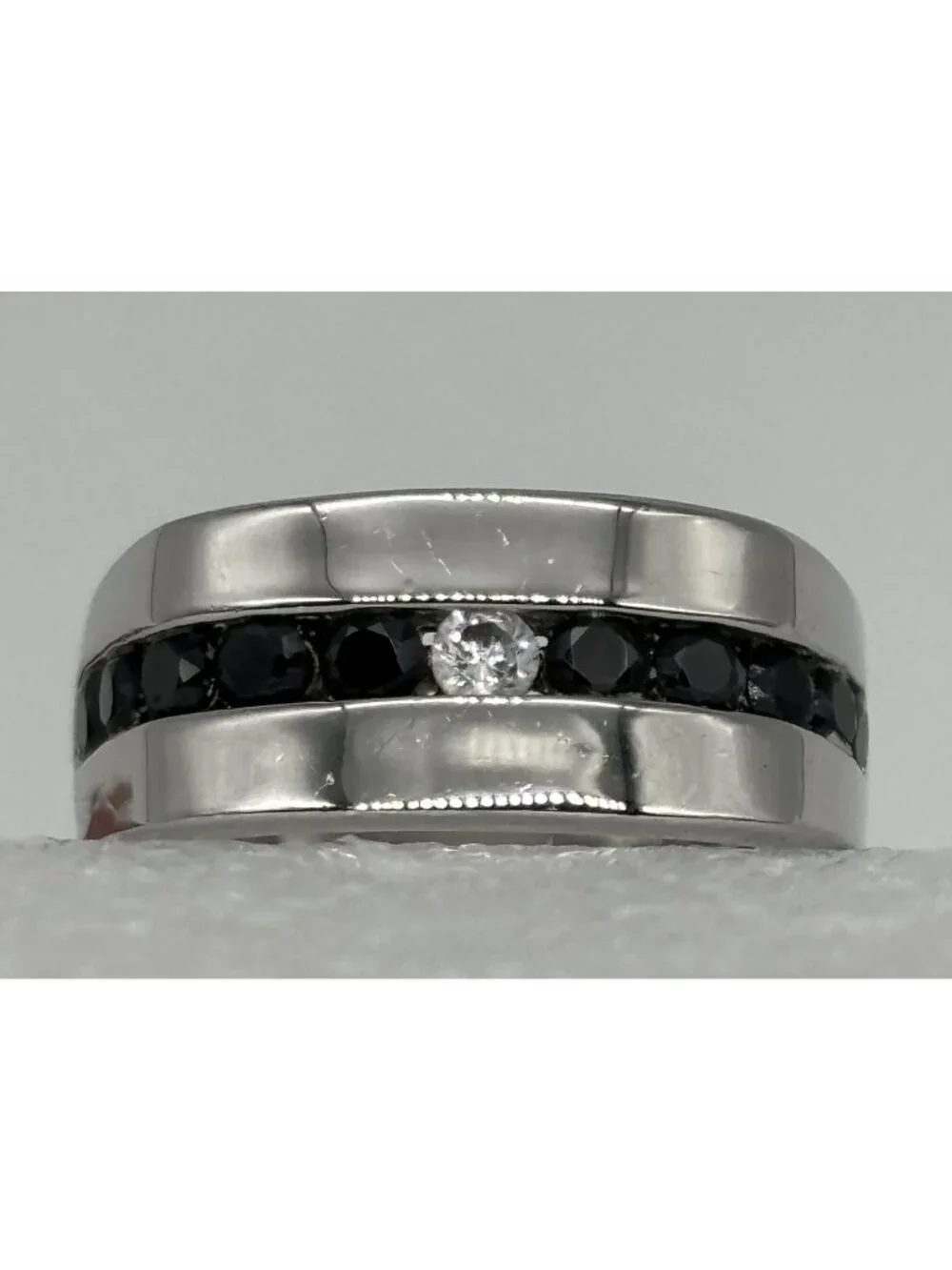 Mens Stainless Steel Ring Channel Set CZ and Black Rhinestones Modern Not Signed